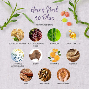 Healthspan Hair & Nails 50 plus | Formulated for Peri- and Post- Menopausal Women | Promotes Strong Hair & Healthy Nails | with Soy Isoflavones, Biotin, Selenium & Zinc | Vegan (60 Tablets)