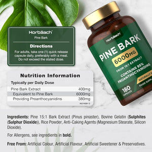 Pine Bark Extract Capsules 6000Mg | 180 Count | High Strength Supplement | 15:1 Pine Bark Extract | 95% Proanthocyanidins | by Horbaach