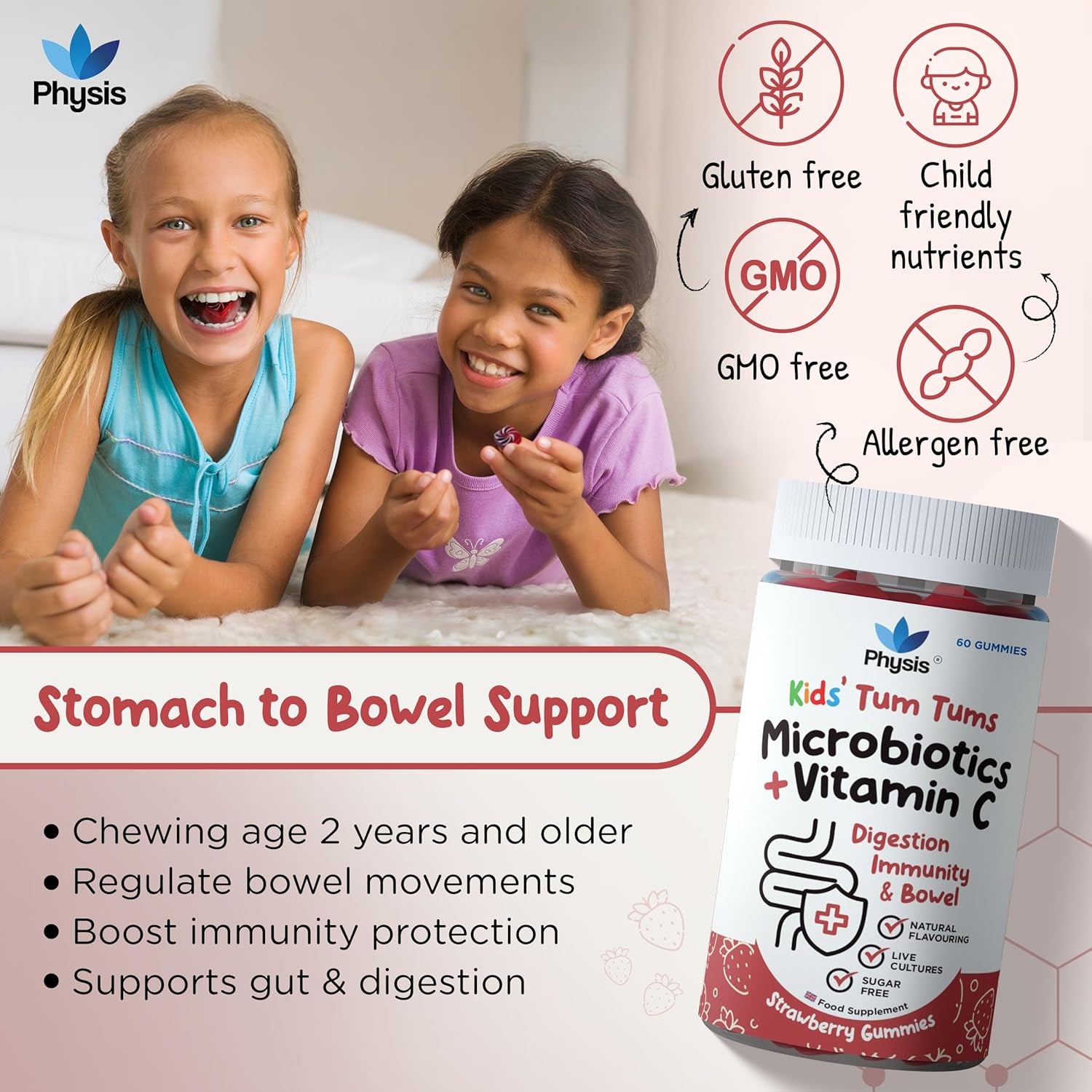 Physis Kids Probiotics Gummies with Vitamin C | 60 Gummies | Probiotics for Children | Chewable Kids Vitamins | Childrens Gut Health | Ages 2+