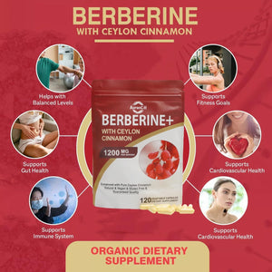 Premium Berberine HCL 1200Mg, 120 Capsules - plus Pure True Ceylon Cinnamon, Berberine HCI Root Supplements Capsules - Immune System, Healthy Weight Management