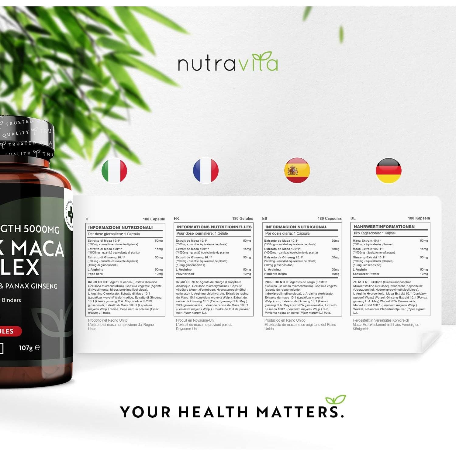 Maca Root Capsules 5000Mg (High Strength) – 180 Vegan Black (6 Month Supply) Not Tablets 100% Peruvian with L-Arginine, Panax Ginseng & Pepper Made in UK by Nutravita