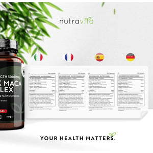 Maca Root Capsules 5000Mg (High Strength) – 180 Vegan Black (6 Month Supply) Not Tablets 100% Peruvian with L-Arginine, Panax Ginseng & Pepper Made in UK by Nutravita