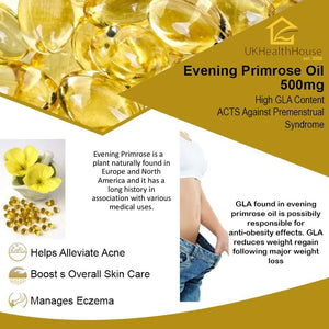 Ukhealthhouse Evening Primrose Oil Capsules - 500Mg - High Strength - 45Mg GLA (30) - High Strength Omega 6 GLA Content Great for Skin Immune System
