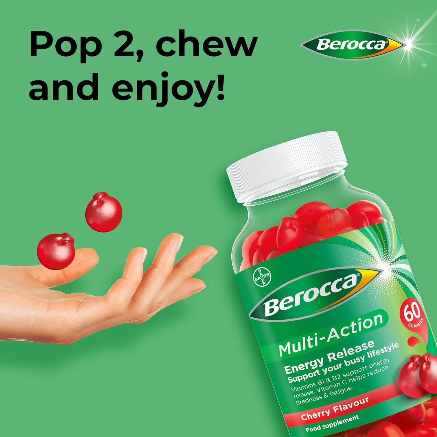 Berocca Multi-Action Multivitamin Gummies - Including Vitamin D, C, A, B-Complex (B1, B2, B3, B6, B7 & B12), E - Supplement for Women, Men and Kids - 60 Gummies - Cherry Flavour