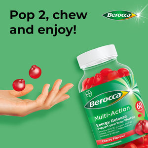 Berocca Multi-Action Multivitamin Gummies - Including Vitamin D, C, A, B-Complex (B1, B2, B3, B6, B7 & B12), E - Supplement for Women, Men and Kids - 60 Gummies - Cherry Flavour