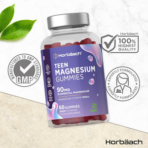 Teen Magnesium Gummies 90Mg | 60 Count | Elemental Mineral as 800Mg Magnesium Citrate | Berry Flavour Supplement Formulated for Teenagers | Vegan | by Horbaach