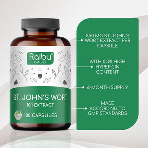 St John'S Wort - 550 Mg St John'S Wort Extract per Capsule - Mood & Emotional Wellbeing - Maximum Strength, 6-Month Supply - 180 Vegan Capsules, No Additives - Raibu