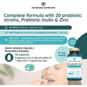 Probiotics 150 Billion CFU – 20 Multi Strains with Prebiotic, Inulin & Zinc – High Strength Vegan Supplement – Gastro Resistant Capsules – 76 Day Supply – N2 Natural Nutrition