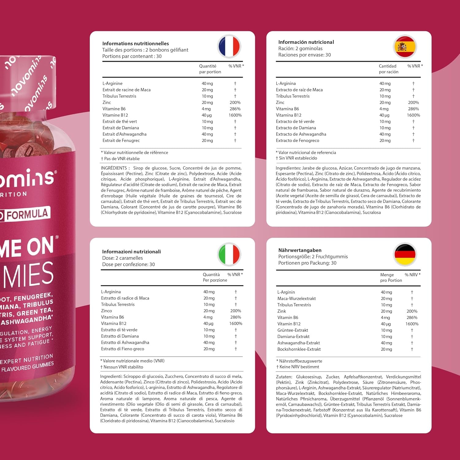 Turn Me on Gummies Women - Maca Root, Damiana, Fenugreek, Zinc, Vitamin B6 & Ashwagandha - Gluten-Free & Vegan - 60 Gummies for Women - Novomins