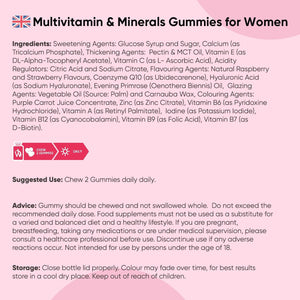 Multivitamin Gummies for Women - 13 Active Ingredients - 90 Gummies - Natural Strawberry & Raspberry Flavour - Women Multivitamins with Zinc, Calcium, Hyaluronic Acid & Vitamins A, C, B6, B7, B9 & B12