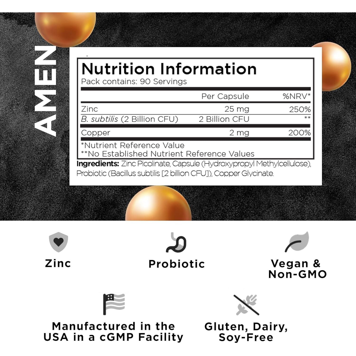 Zinc & Copper Supplement + Probiotics – 3 Months Supply – One per Day - 25 Mg Zinc Picolinate Vitamin Pills - Essential Minerals Supplements – 2 Billion Cfus Probiotic – Vegan, Non-Gmo - 90 Capsules