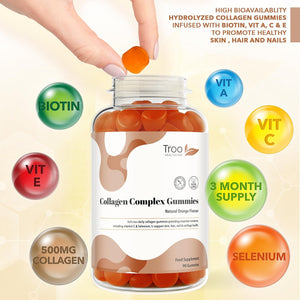 Troo Health Care Collagen Complex - 90 Natural Orange Gummies - One per Day Hydrolysed Collagen with Biotin, Vitamin C & Selenium - Three Months Supply – Healthy Skin & Hair for Men & Women