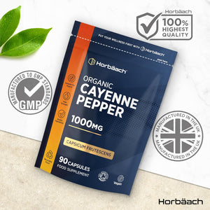 Organic Cayenne Pepper 1000Mg | 90 Capsules | Capsicum Frutescens Powder | Suitable for Vegans & Vegetarians | by Horbaach