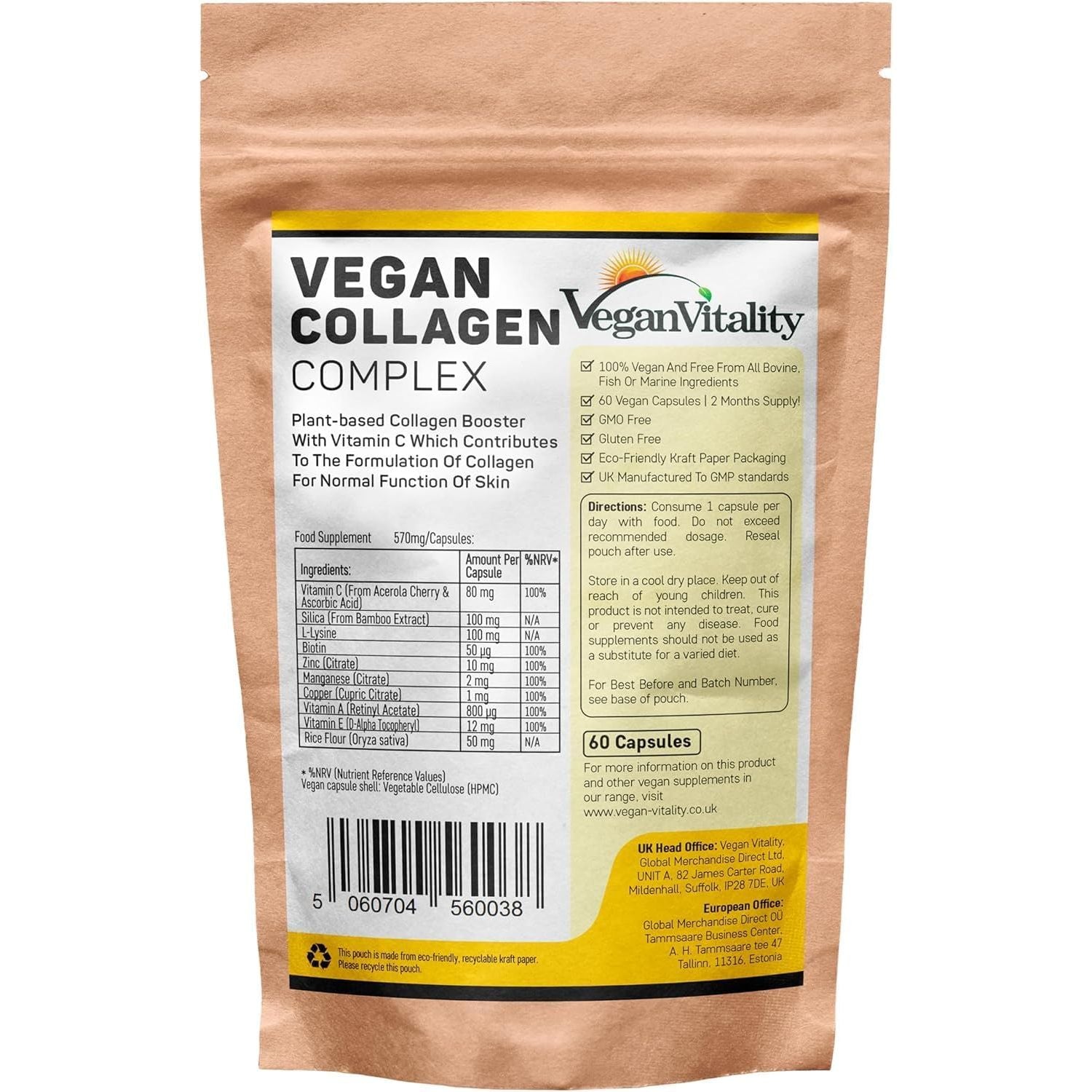 Vegan Collagen with Biotin, Lysine, Bamboo Silica, Zinc, Vitamin C, E & A. Collagen Supplements for Women 2 Months Supply. for Hair, Nails, Joints & Bones.