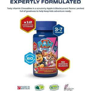 PAW Patrol Multivitamins, 60 Apple & Blackcurrant Chewables with 12 Essential Vitamins, Vegan, No Added Sugar, for 3-7 Year Olds