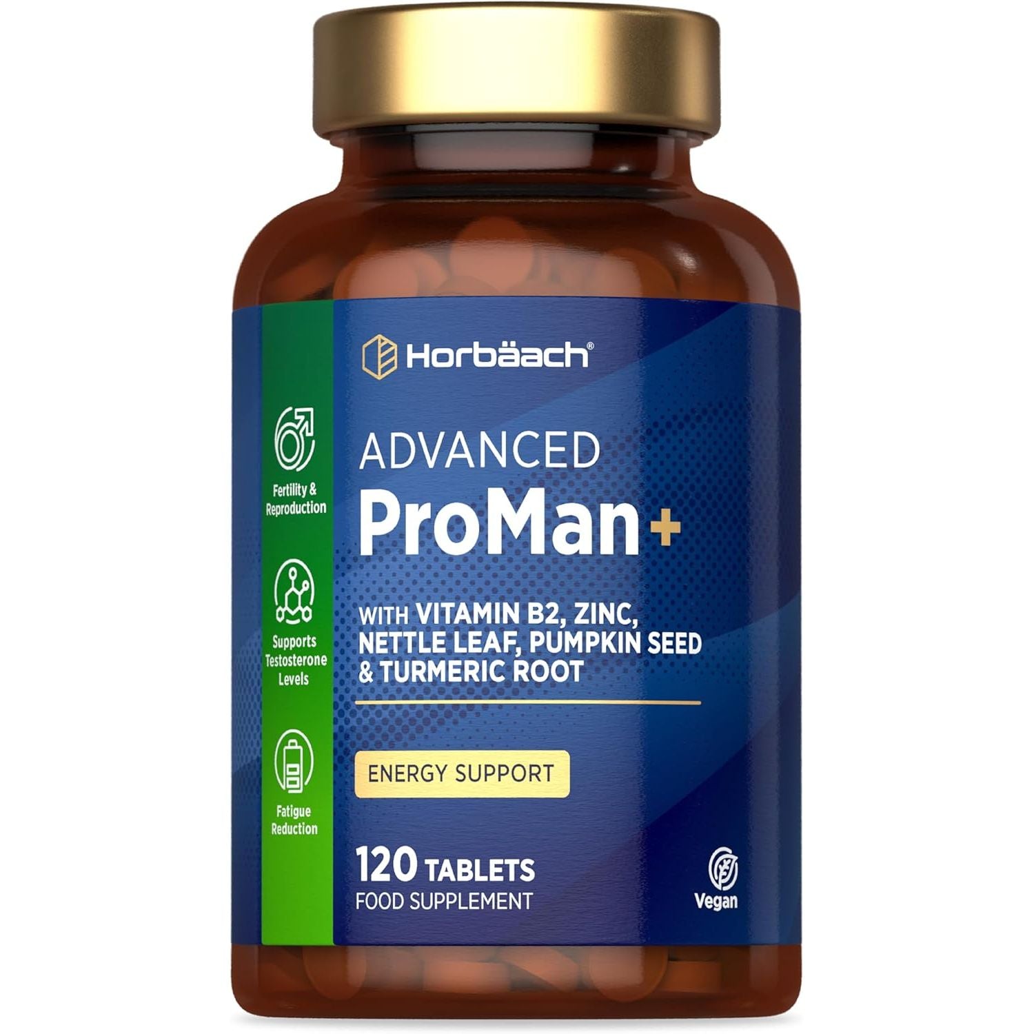 Proman+ Supplement for Men | Complex Formula with Pumpkin Seed, Nettle Leaf, Vitamin B2, Zinc and Turmeric Root | 120 Vegan Tablets | by Horbaach