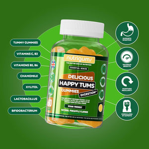 Happy Tums Probiotic Complex Gummy | 1.125 Billion CFU Triple Strain Probiotics, Vitamin C, B3, B5, B6 & Chamomile 1000Mg | Pineapple Flavour | 60 Vegan Gummies | Gut & Digestive Health by NUTRIGUMS®
