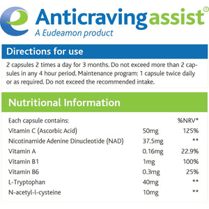 Eudeamon Anticraving Assist | High Strength NAD | Designed to Control and Eliminate Cravings | anti Addiction | 60 Capsules | Suitable for Vegetarians
