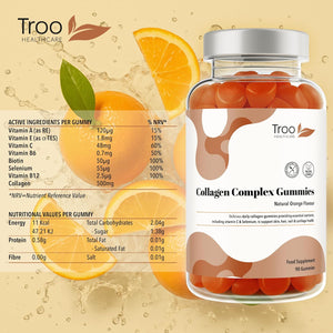 Troo Health Care Collagen Complex - 90 Natural Orange Gummies - One per Day Hydrolysed Collagen with Biotin, Vitamin C & Selenium - Three Months Supply – Healthy Skin & Hair for Men & Women