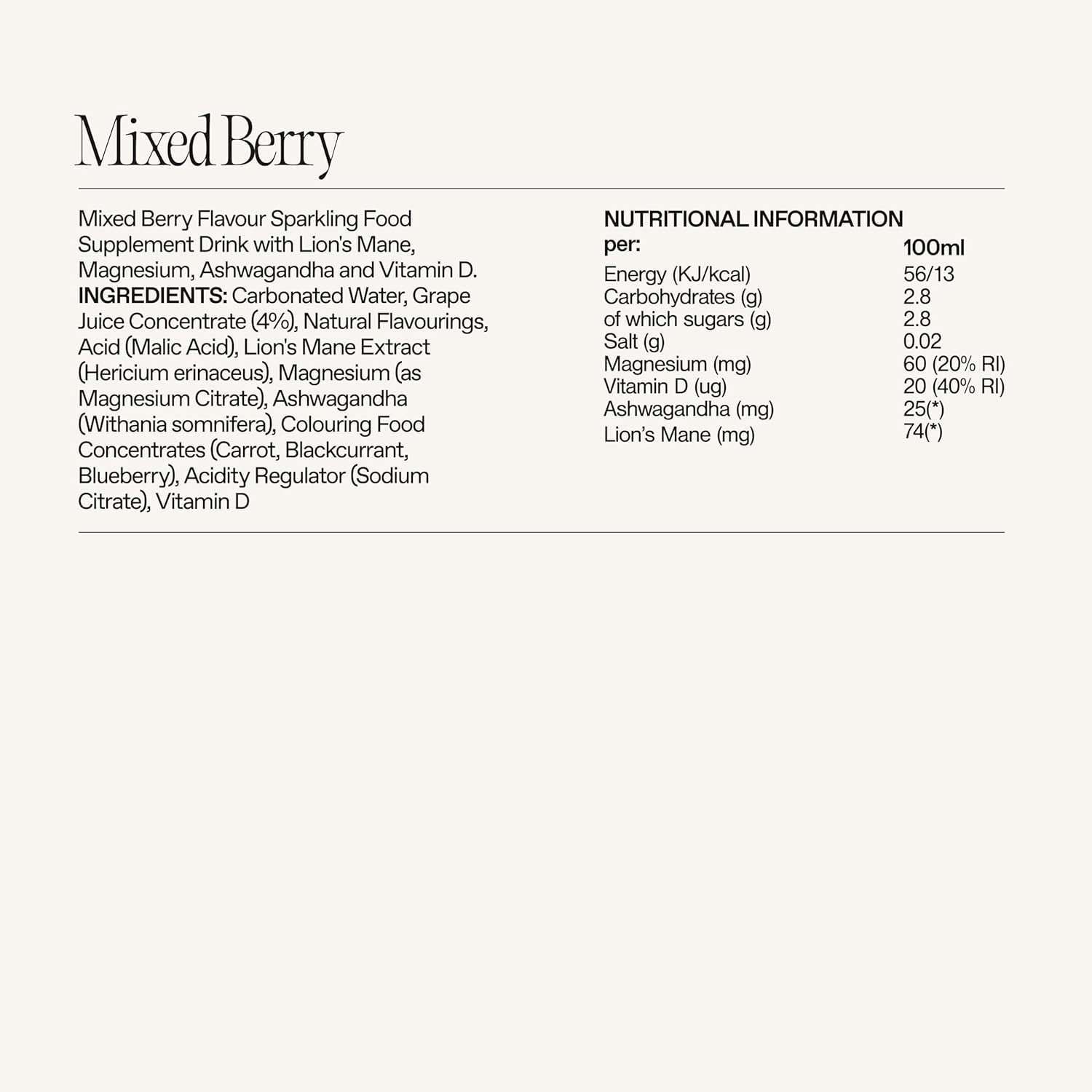 Goodrays Refocus, Sparkling Functional Drink with Magnesium Citrate, Lion'S Mane Mushroom, Ashwagandha and Vitamin D, Low Calorie, Mixed Berry, 12 X 250Ml, Packaging May Vary