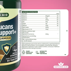 Natures Aid Beta Glucans Immune Support Supplement - Vitamin C, D3, A, Zinc, Selenium, Garlic & Elderberry - Immune System Support for Adults - Vegan, Gluten Free, Non-Gmo - 90 Tablets