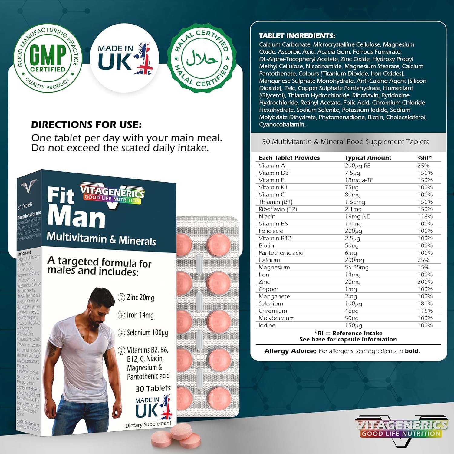 VITAGENERICS Fitman High Strength Multivitamin & Minerals | 30 Tablets| with Zinc, Iron, Biotin, Vitamin D, Magnesium, B-Complex & More! UK Made Supplement for Men