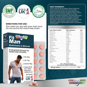 VITAGENERICS Fitman High Strength Multivitamin & Minerals | 30 Tablets| with Zinc, Iron, Biotin, Vitamin D, Magnesium, B-Complex & More! UK Made Supplement for Men
