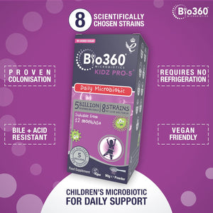 Natures Aid Bio360 Kidz Pro-5 Daily Microbiotic Powder 90G for Children 12 Months to 12 Years - 5 Billion Friendly Bacteria - Supports Digestive Health & Immunity Sugar Free Vegan Non-Gmo Gluten-Free