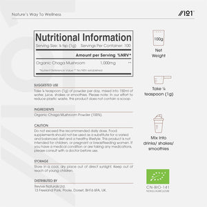 Organic Chaga Mushroom Powder 100G – Pure Inonotus Obliquus Supplement Powder – Resealable and Recyclable Pouch – by Alpha01