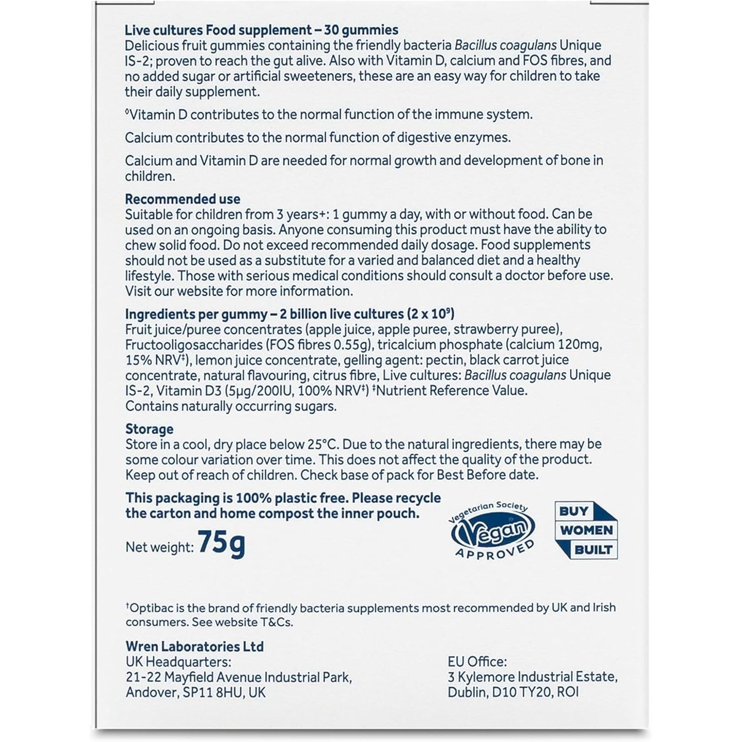 Optibac Kids Probiotic with Vitamin D & Calcium for Immune System Support & Gut Health and 2 Billion Bacterial Cultures - 30 Vegan Gummies