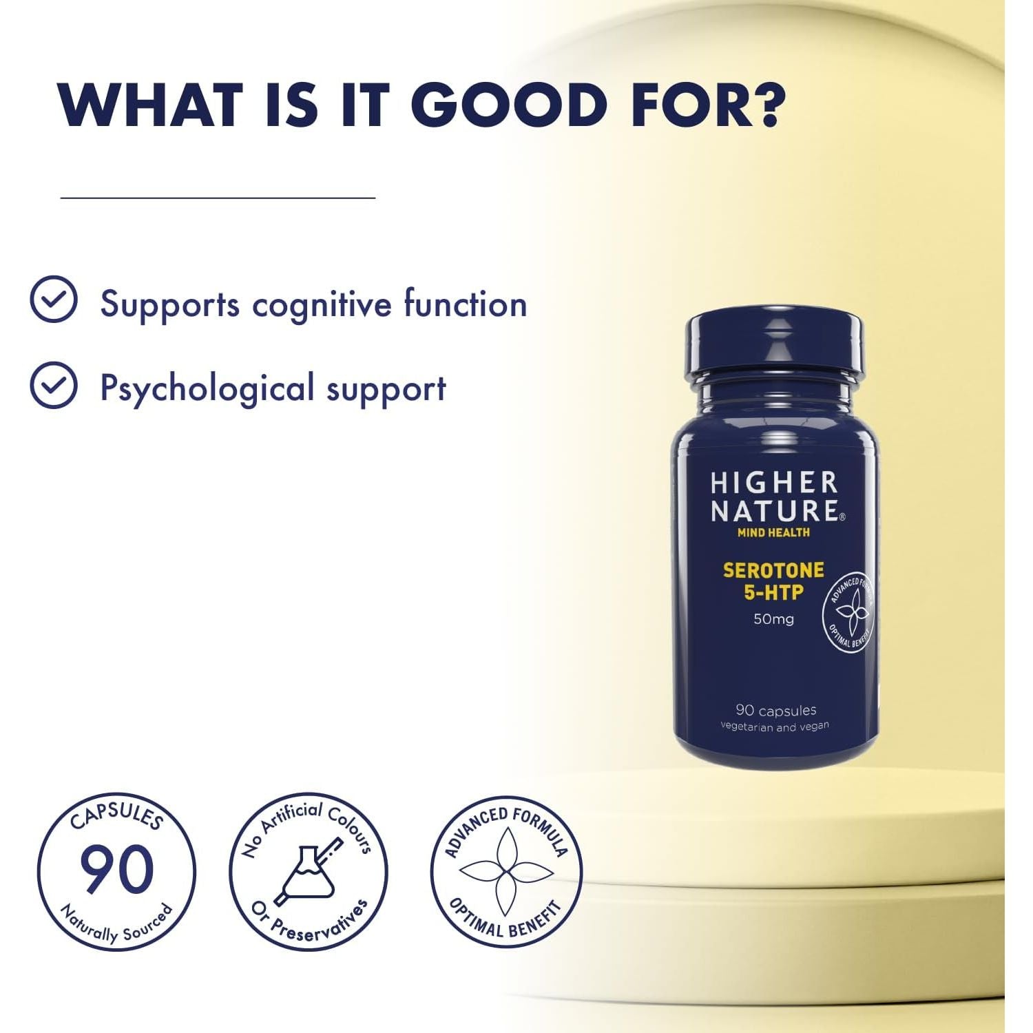 Higher Nature - Serotone 5HTP - 50Mg - Psychological Support - Natural Source of 5HTP - B Vitamins & Zinc - Vegan & Vegetarian - 90 Capsules