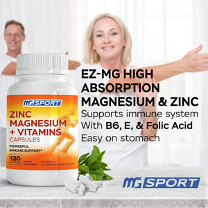 Magnesium Supplement MGSPORT with Zinc,Vitamins B6, B9, D, E - Immune Support, Muscle Recovery, EZ on Stomach - 120 Capsules