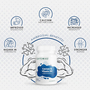 Ambrosial Calcium & Vitamin D Supplement, High Potency, High Strength Calcium, Vitamin D3, Gluten Free, Supports Bone Health, Muscles & Teeth, Pack of 1-120 Softgels