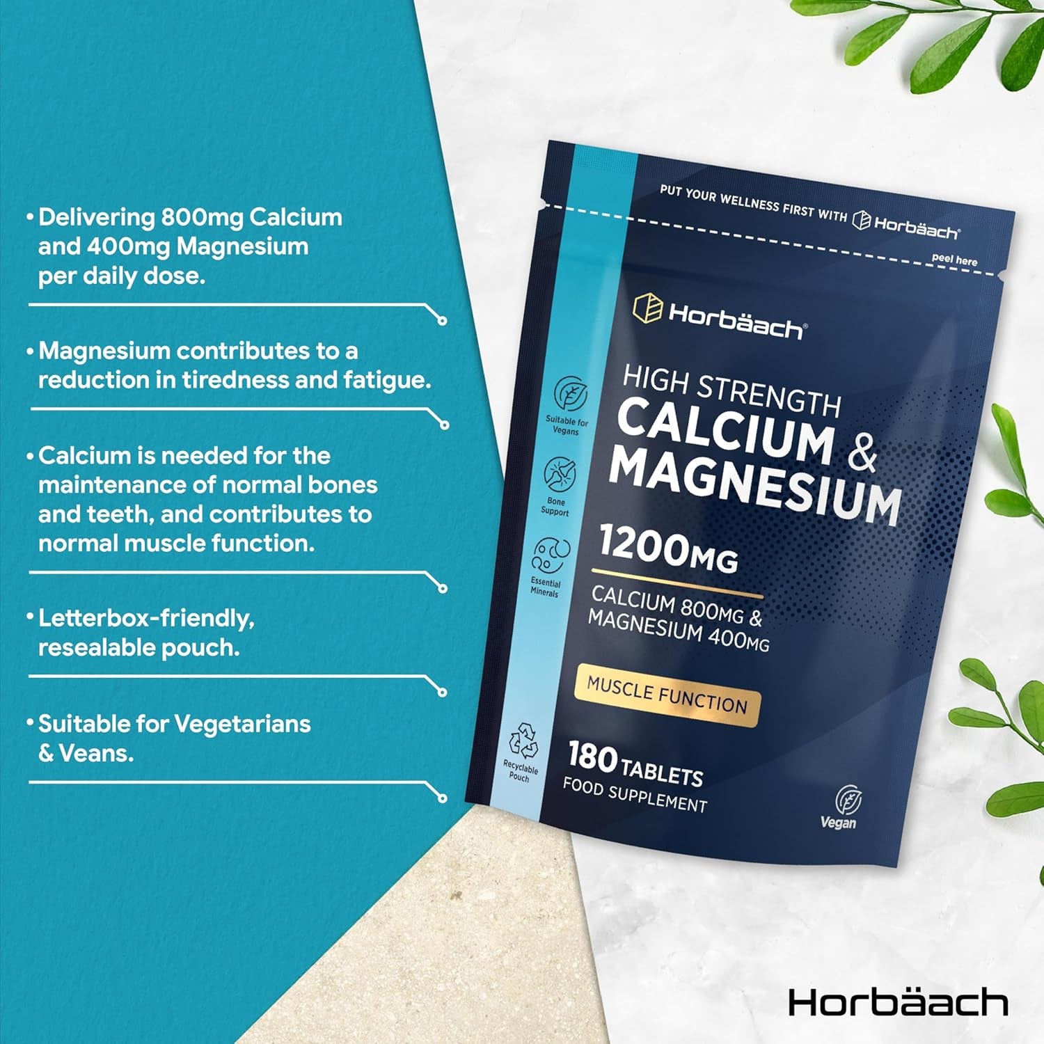 Calcium and Magnesium Tablets 1200Mg | High Strength Calcium & Magnesium Complex | 180 Vegan Tablets | by Horbaach