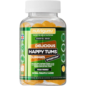 Happy Tums Probiotic Complex Gummy | 1.125 Billion CFU Triple Strain Probiotics, Vitamin C, B3, B5, B6 & Chamomile 1000Mg | Pineapple Flavour | 60 Vegan Gummies | Gut & Digestive Health by NUTRIGUMS®