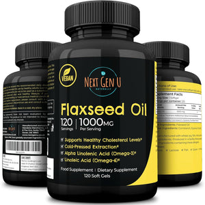 Flaxseed Oil Capsules - 1000 Mg - 120 Vegan Soft Gels - High in Omega 3, 6, 9 - Cold Pressed Flax Seed Formula - 4 Months Supply - by Nextgenu