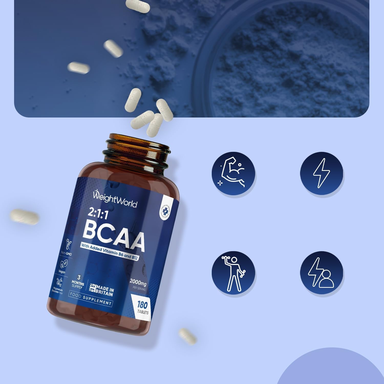 BCAA Tablets 2000Mg - 180 Tablets - with Essential Amino Acids - Vitamin B6 & B12-3 Months Supply - 2:1:1 Ratio Bcaas - for Men & Women - Vegan & Non-Gmo