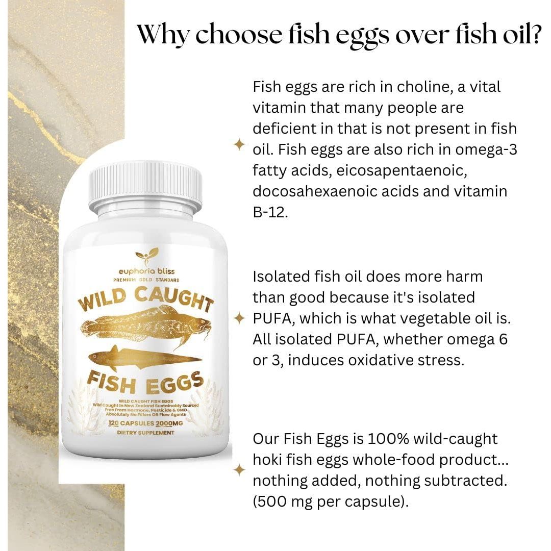 Wild Caught Fish Eggs, Omega 3 Supplement Supports Brain, Heart, Fertility and Inflammatory Health, Whole Food Source of Vitamin D, K2, and A, Non-Gmo, 120 Capsules