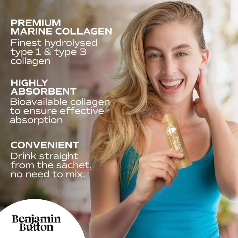 Benjamin Button Marine Collagen Liquid Sachet W/Hyaluronic Acid & Vitamin C | for Hair, Skin, Nails & Joints | 12,000Mg High Strength Hydrolysed Collagen (Mango, 14X Sachets)