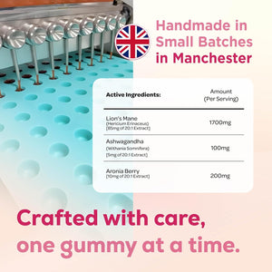 Mycologic Lions Mane Mushroom Gummies for Adults, 30 Servings - Natural Clarity & Focus Gummies with Ashwagandha & Aronia Berry - Raspberry & Vanilla Flavour Brain Boost Supplement - 1 Month Supply