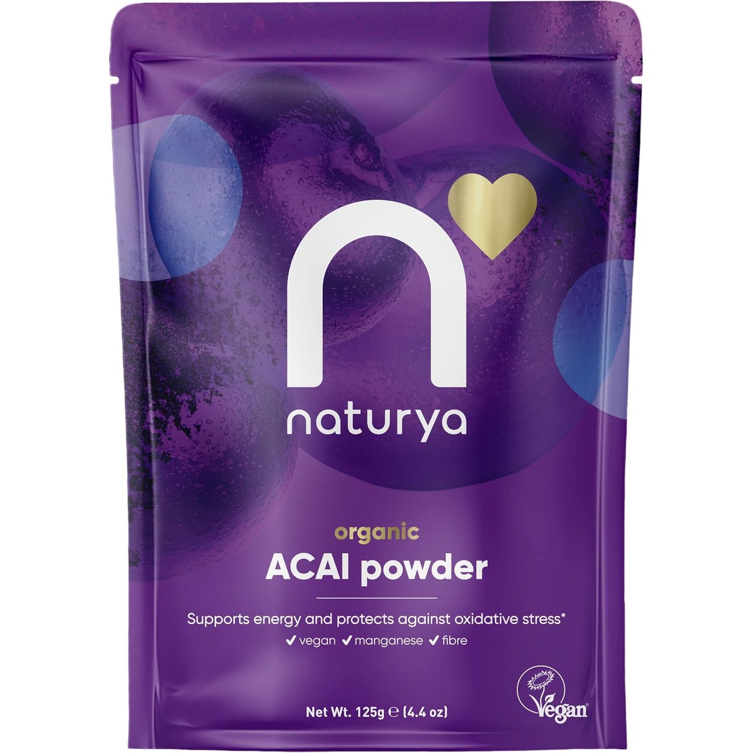 Naturya Organic Açaí Powder - Wild-Harvested from Amazonian Açaí Palms, Rich in Manganese & Vitamin A, High in Fibre, Antioxidant Superfood, Gluten-Free, Vegan - 125G Pouch