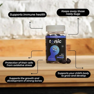 Tonic Health Kids Immunity Gummies - 7 in 1, Elderberry Gummies, No Added Sugar, No Sweeteners, Vitamins C, D and Zinc, Wild Berry Flavour, Month Supply (60 Count), Ages 3-12, Vegan.