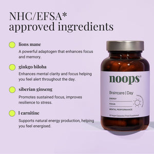 Noops Nootropics Braincare Day Focus & Energy - Lion'S Mane, Ginkgo Biloba, L-Tyrosine, L-Carnitine, Pine Bark, Bacopa, B Vitamins, & Ginseng Supplement, Nootropic Memory Enhancer, 60 Capsules