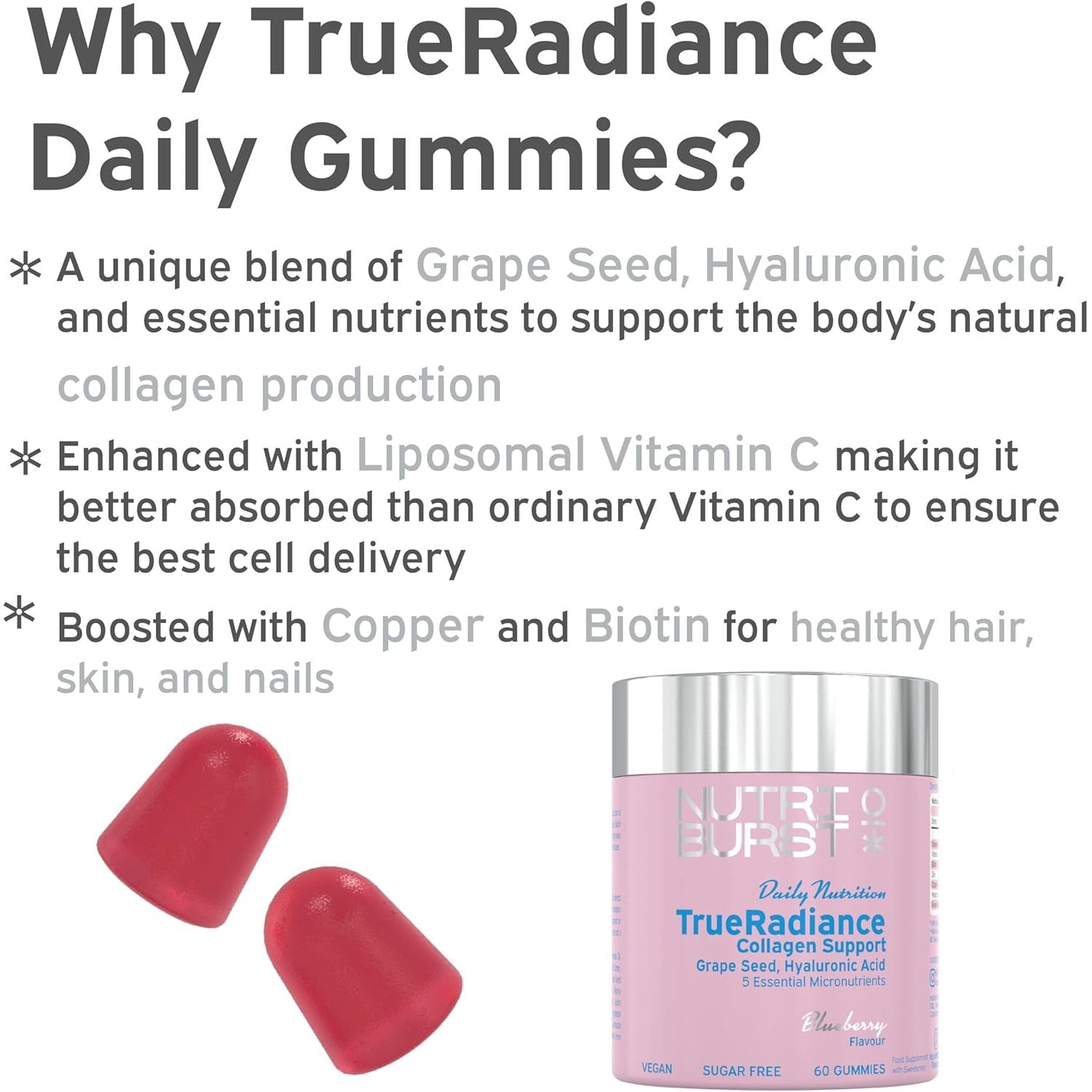 Nutriburst - Trueradiance Collagen Support Gummies for Healthy Hair, Skin & Nails - Biotin (100Μg), Hyaluronic Acid (50Mg), Vitamin a (400Μg) + Vitamin C (80Mg) - 60 Gummies 1 Month Supply