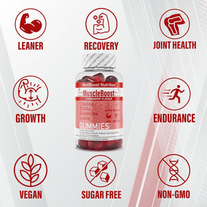 Muscleboost Gummies – Creatine, Bcaas, Glutamine & Lysine – Muscle Growth, Recovery & Endurance Support – Vegan, Sugar-Free, Strawberry Flavour – 60 Chewable Gummies for Adults