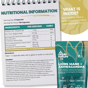 Noble Nature 267Mg Lions Mane + 250Mg Ashwagandha KSM 66 4-In-1 Formula – with 10Mg Zinc Bisglycinate and 1Mg Vitamin B1 Capsule Supplement – Adaptogens for Calm Brain, Stress, Mood, & Health (90)