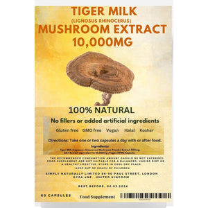 Tiger Milk Mushroom Extract 10,000Mg High Strength (Lignosus Rhinocerus) | 100% Fruiting Bodies | No Additives | Best Natural Respiratory Immune Support 60 Capsules (Pack of 1)