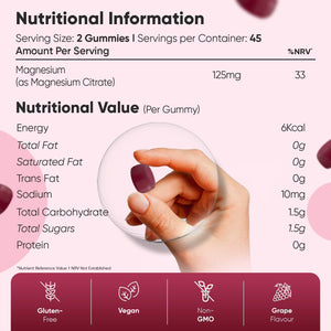 Magnesium Gummies | 90 Vegan Gummies | 125Mg Magnesium Supplements | 45 Days Supply | Natural Grape Flavour | Gluten-Free