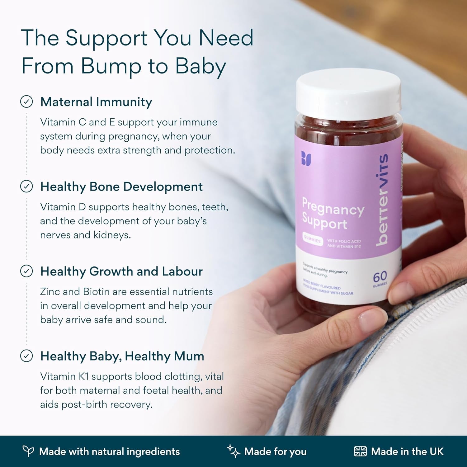 Bettervits Pregnancy Support Gummies | Pregnancy Vitamins for Women with Folic Acid & Vitamin B12 | Complete Multivitamins Complex C, D, E & Zinc | Pre and after Support - 60 Berry Gummies
