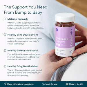 Bettervits Pregnancy Support Gummies | Pregnancy Vitamins for Women with Folic Acid & Vitamin B12 | Complete Multivitamins Complex C, D, E & Zinc | Pre and after Support - 60 Berry Gummies